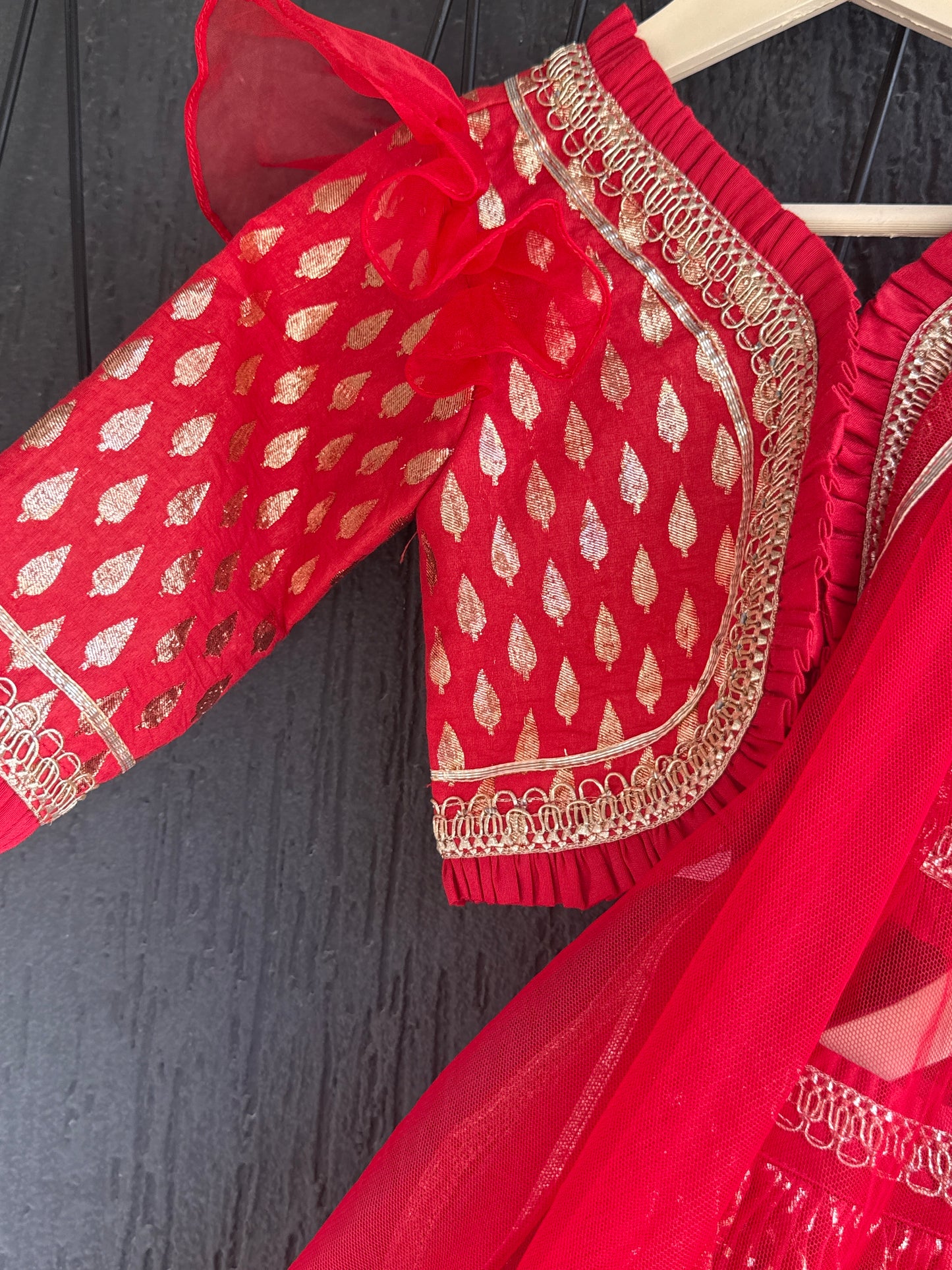 Deep Red Chanderi Lehenga with Draped dupatta
