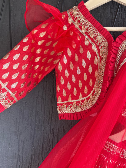 Deep Red Chanderi Lehenga with Draped dupatta