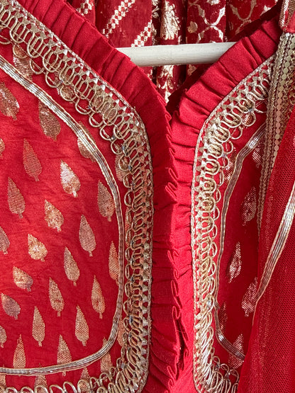 Deep Red Chanderi Lehenga with Draped dupatta