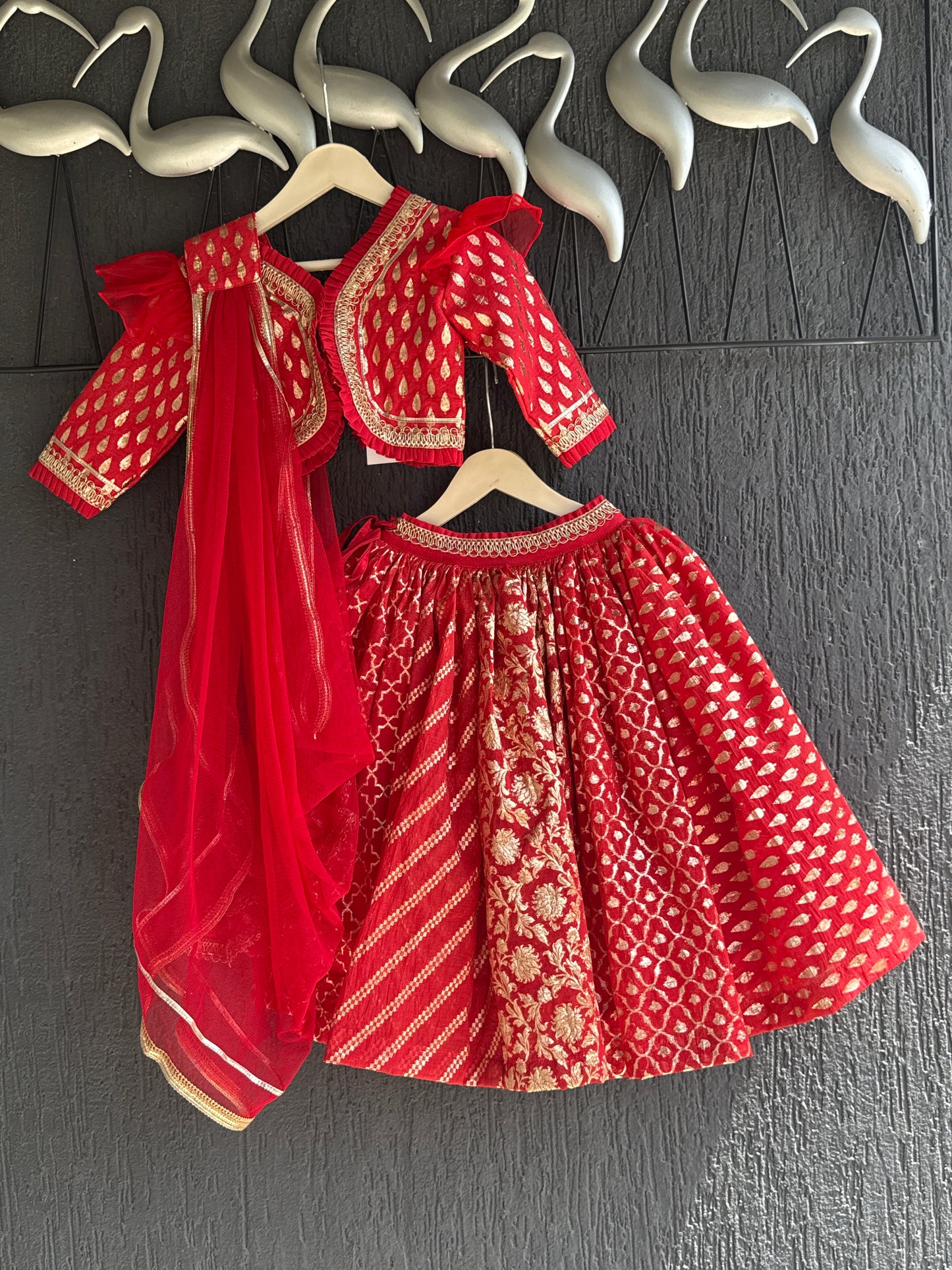 Deep Red Chanderi Lehenga with Draped dupatta
