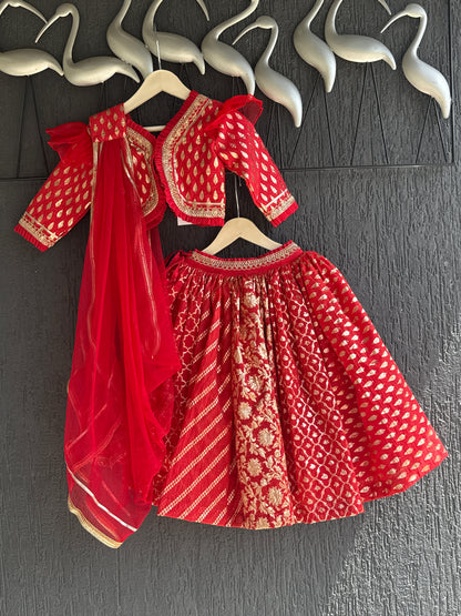 Deep Red Chanderi Lehenga with Draped dupatta