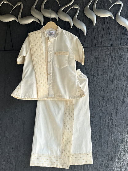 Off White Nehru Collar Shirt Lungi Set with Patka