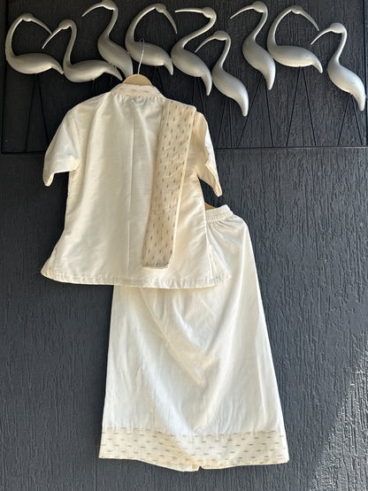 Off White Nehru Collar Shirt Lungi Set with Patka