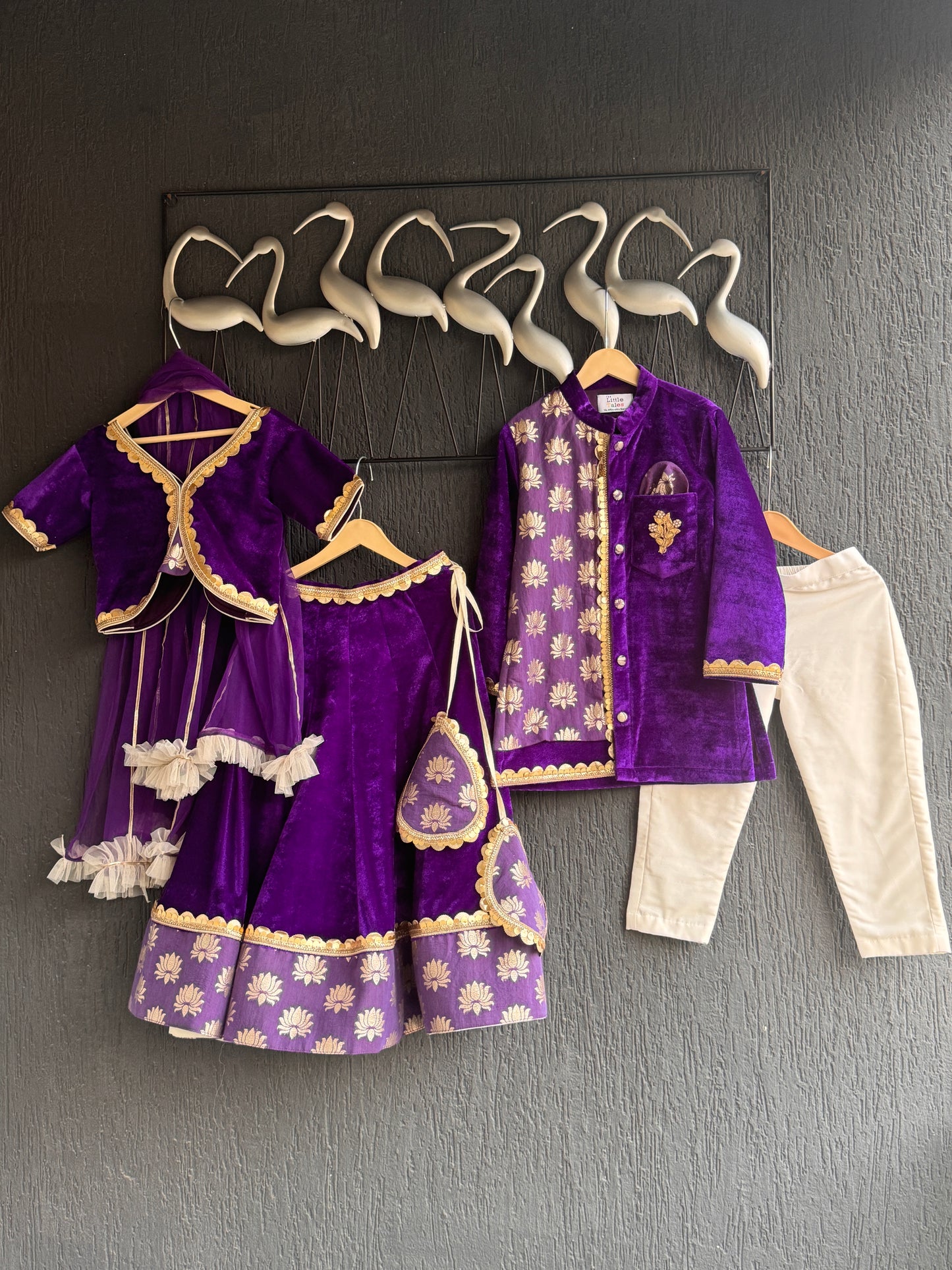 Purple velvet lotus print kurta set