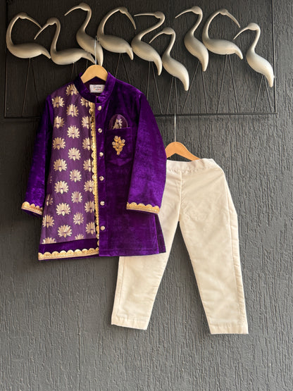 Purple Velvet Lotus Print Kurta set