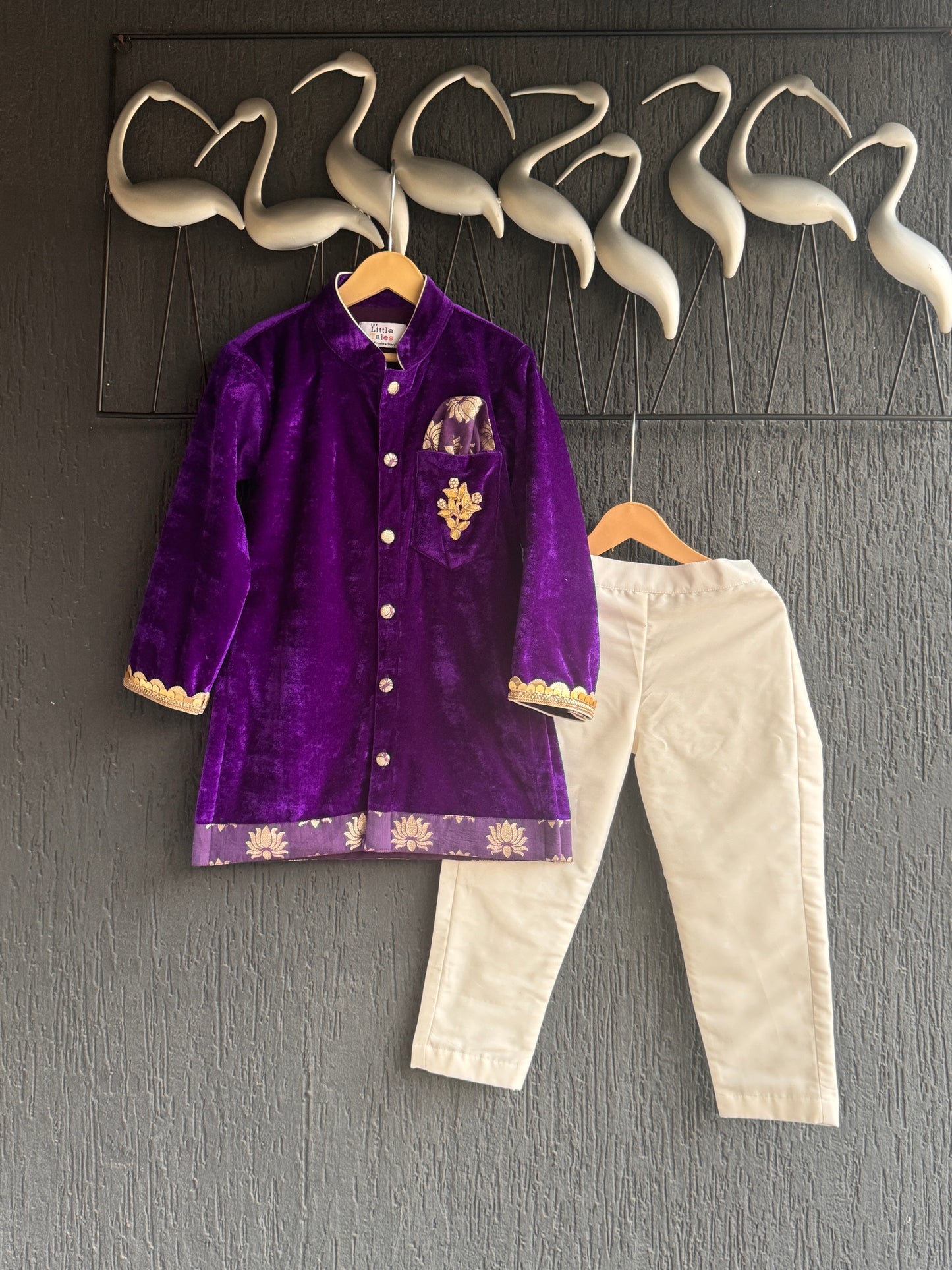 Purple velvet lotus print kurta set