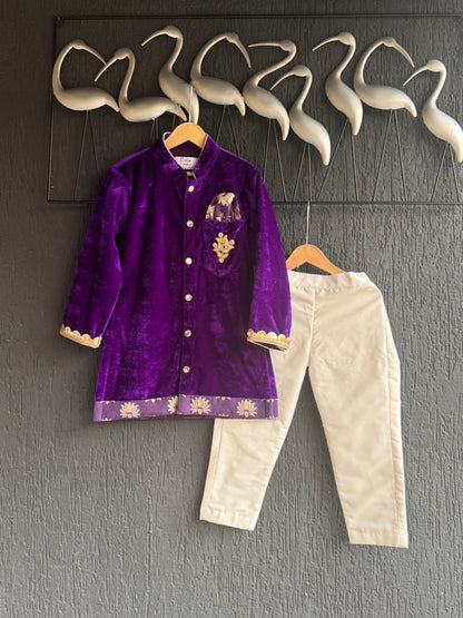 Purple Velvet Lotus Print Kurta set
