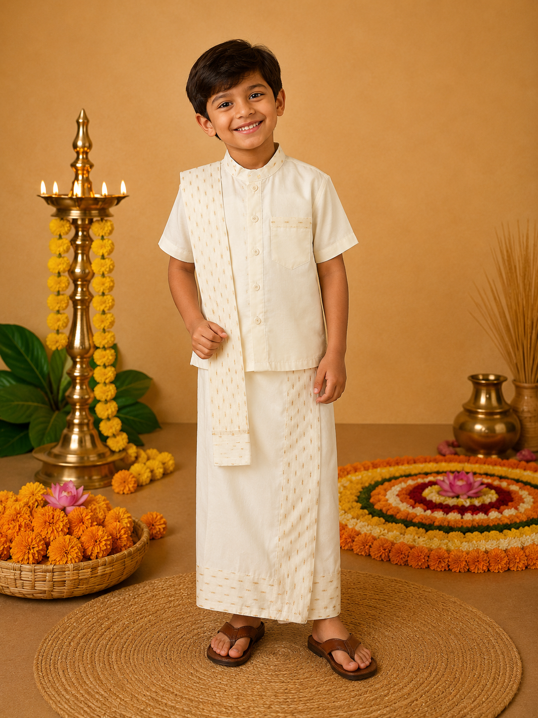 Off White Nehru Collar Shirt Lungi Set with Patka