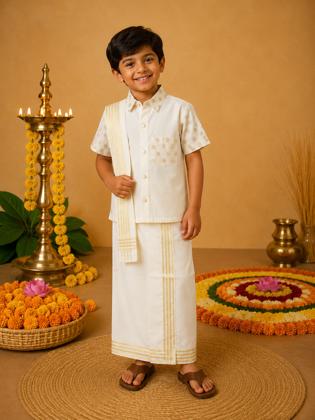 Off White Shirt Lungi Set with Patka