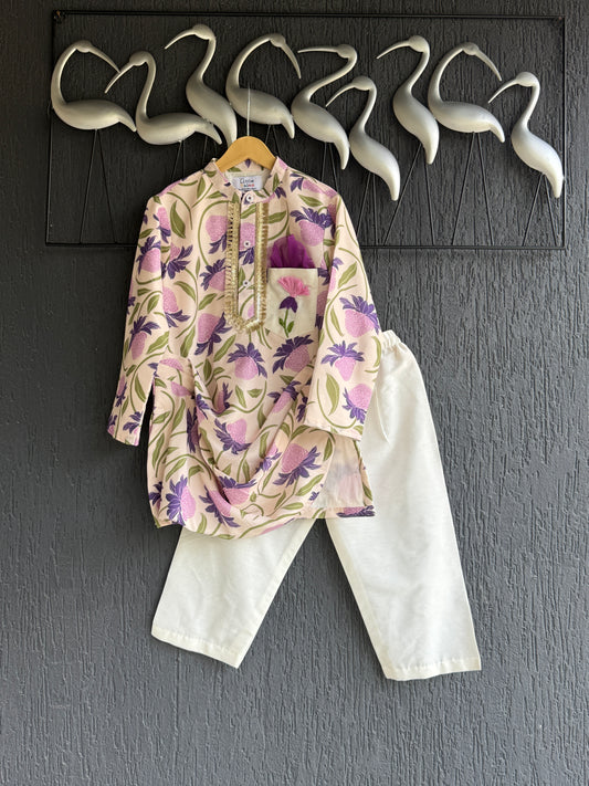 Off white purple floral cow kurta set