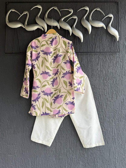 Off white purple floral cow kurta set