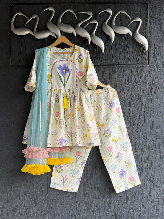 off white floral hand paint print kurta set