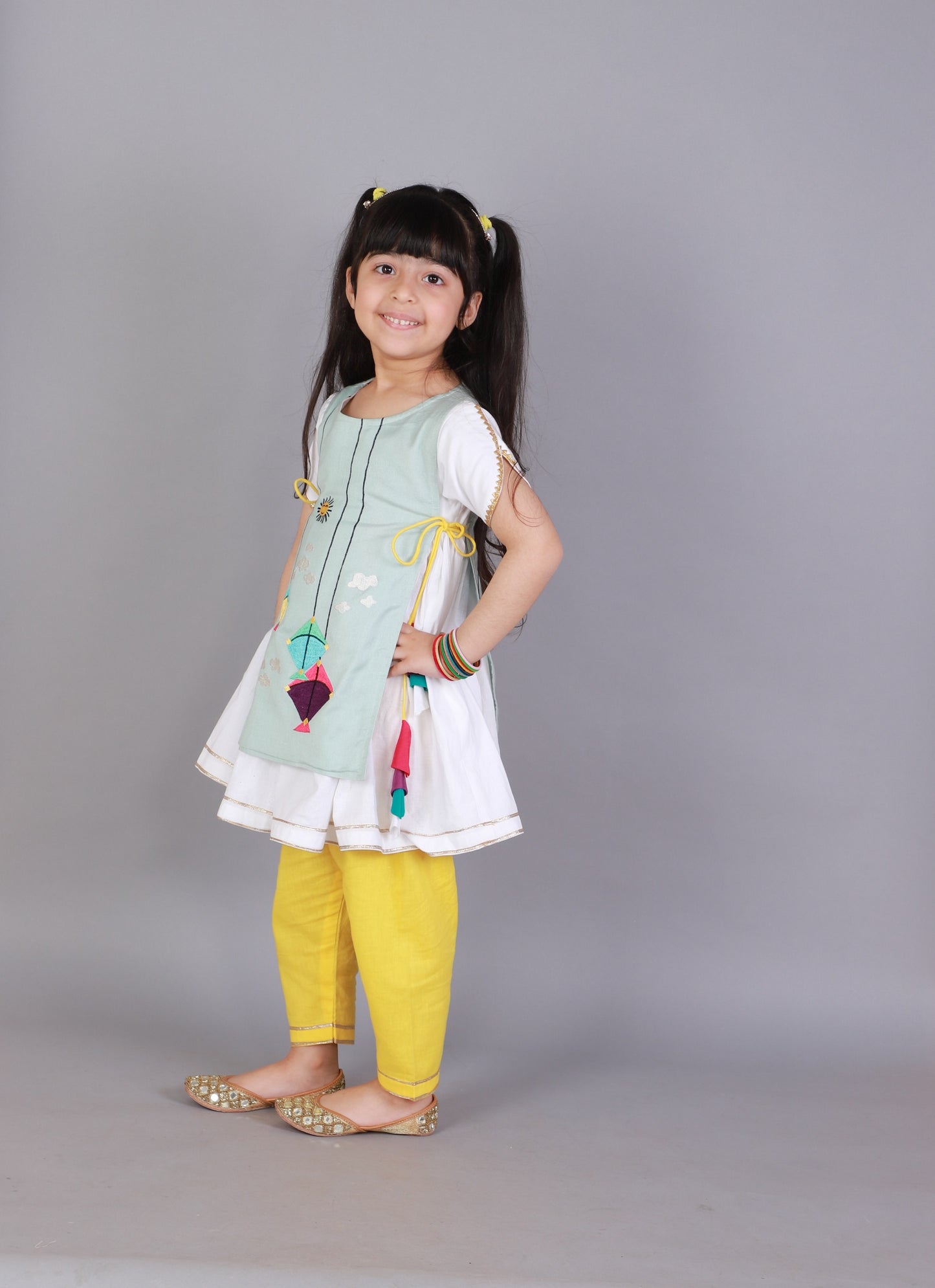 Kite embroidered Blue white frock Pyjama set