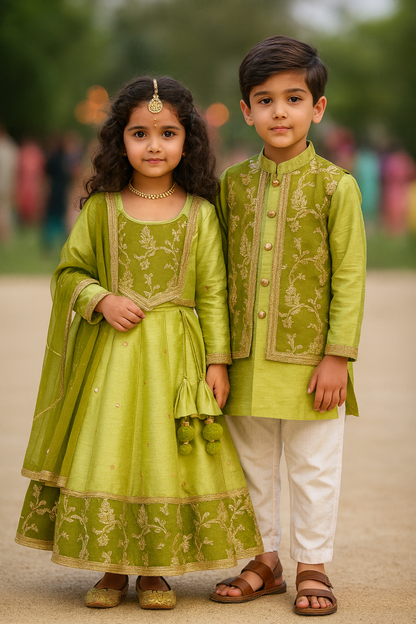 Green silk embroidery lehnga set
