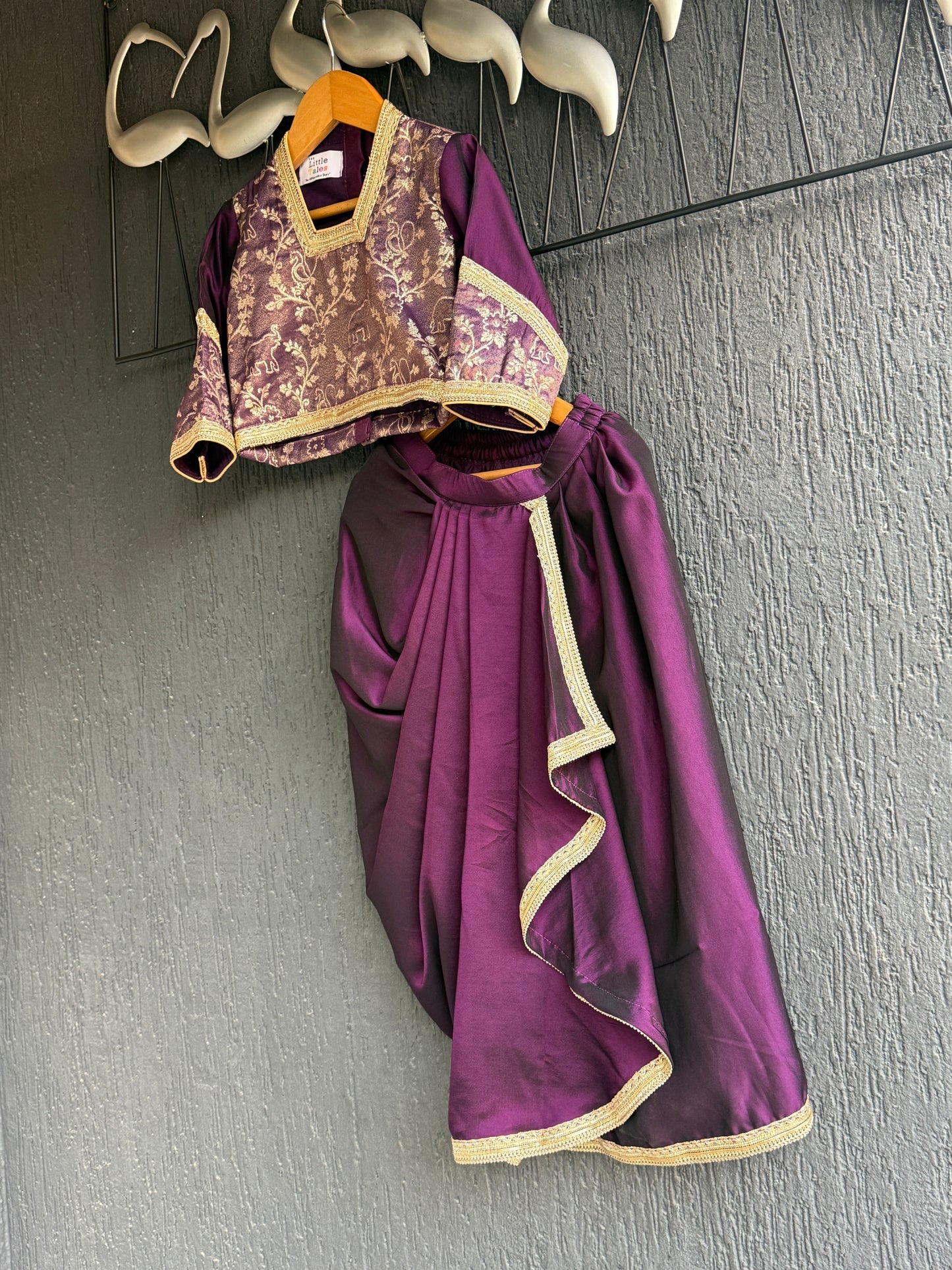 Purple Chanderi blouse with a drape skirt