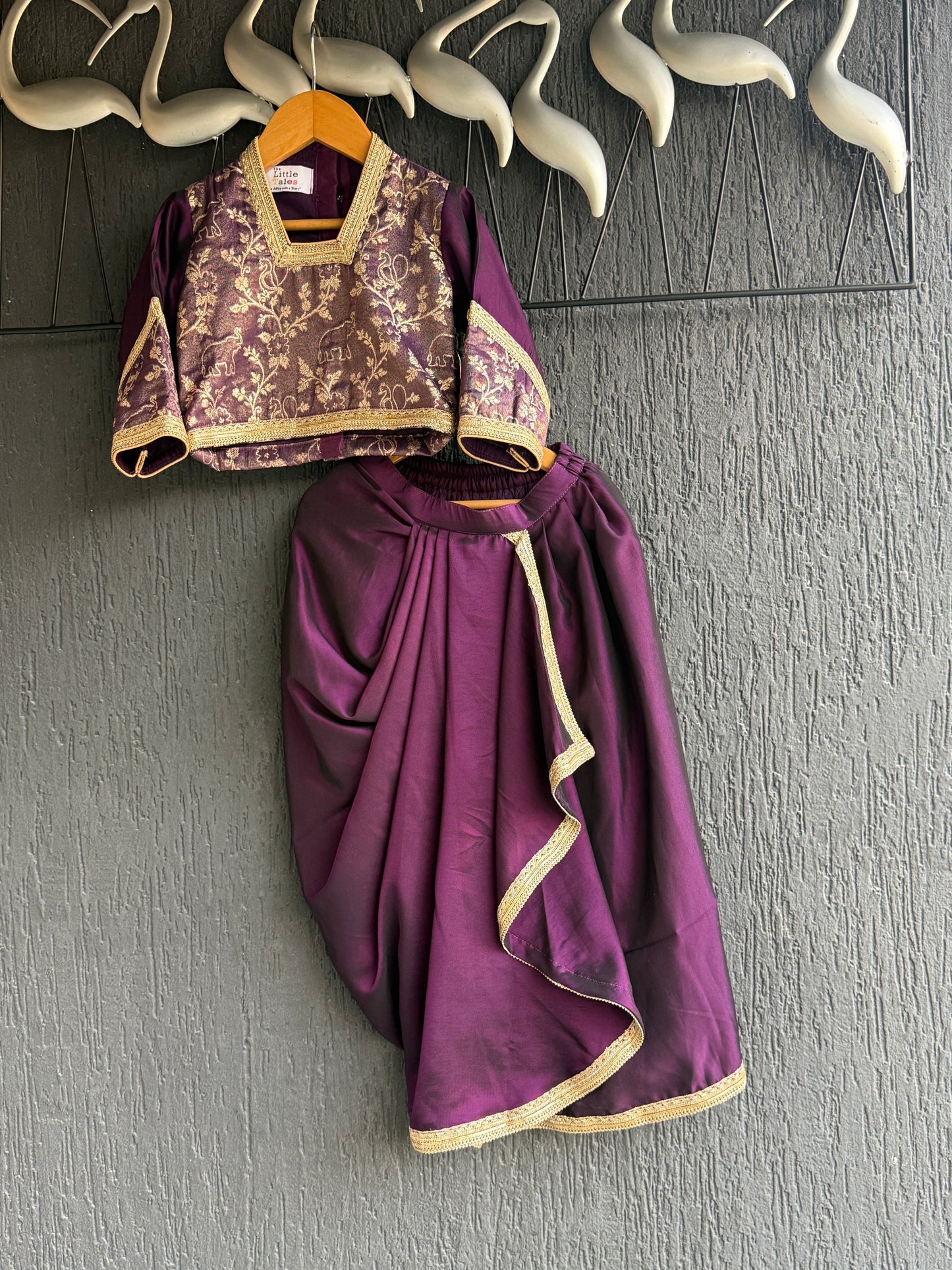 Purple Chanderi blouse with a drape skirt