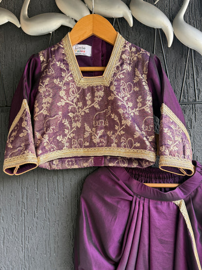 Purple Chanderi blouse with a drape skirt