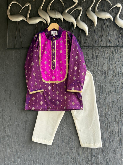 Purple/Pink Woven Silk Kurta Set