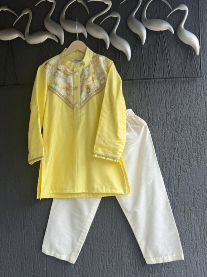 Yellow Embroidered Sequined Yoke kurta Pyjama Set