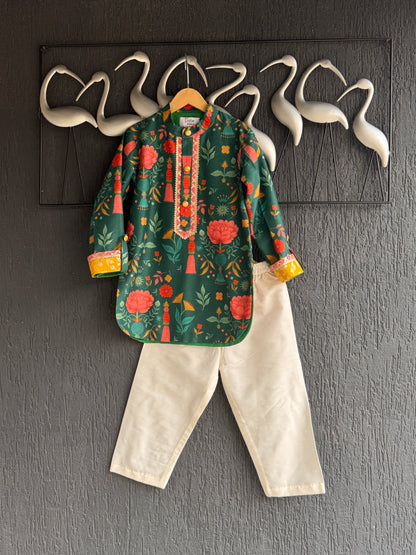 Green Mughal Print Kurta set