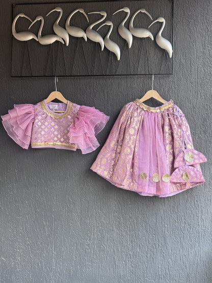 Lavendar Chanderi Frill Lehnga set