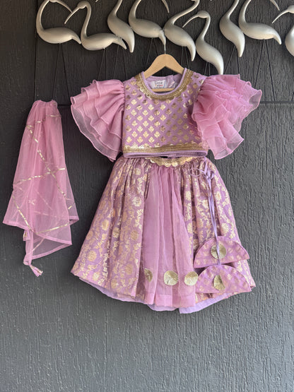 Lavendar Chanderi Frill Lehnga set