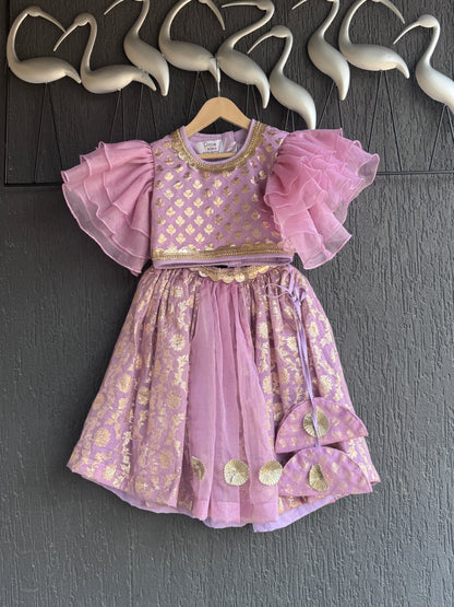 Lavendar Chanderi Frill Lehnga set