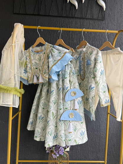 off white blue flower print kurta set