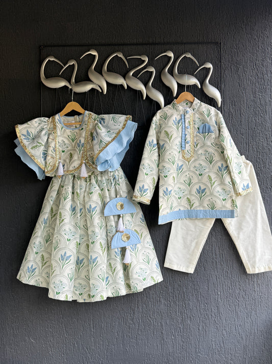 off white blue flower print kurta set
