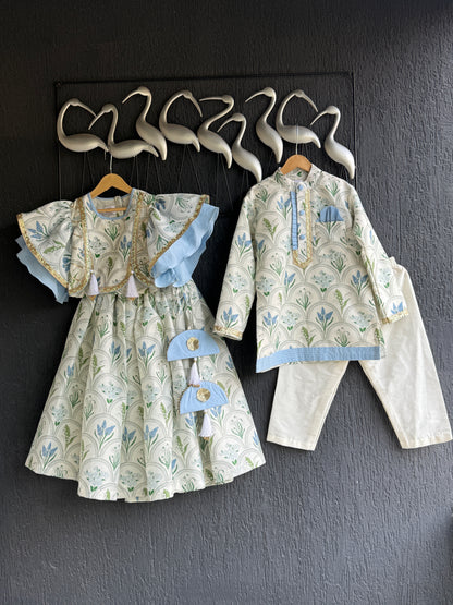 off white blue flower print kurta set