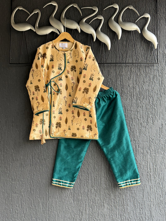 Beige Cow printed angrakha set with Green Bottom