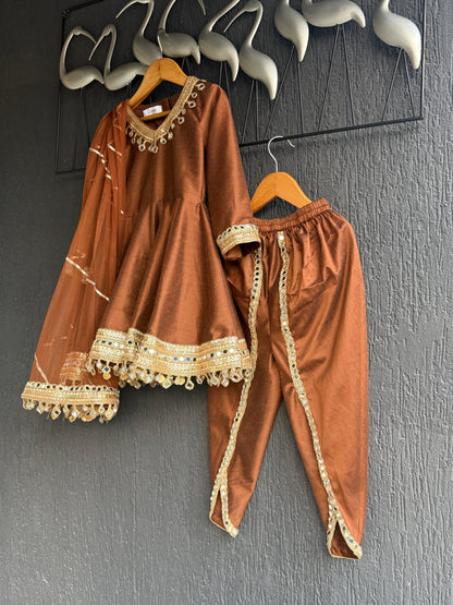 Brown Mirror Flared Kurta dhoti set