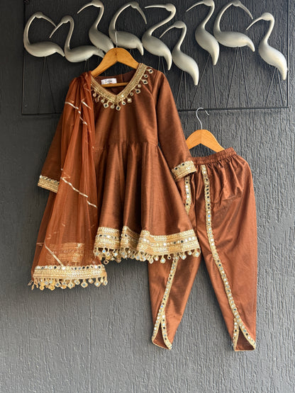 Brown Mirror Flared Kurta dhoti set