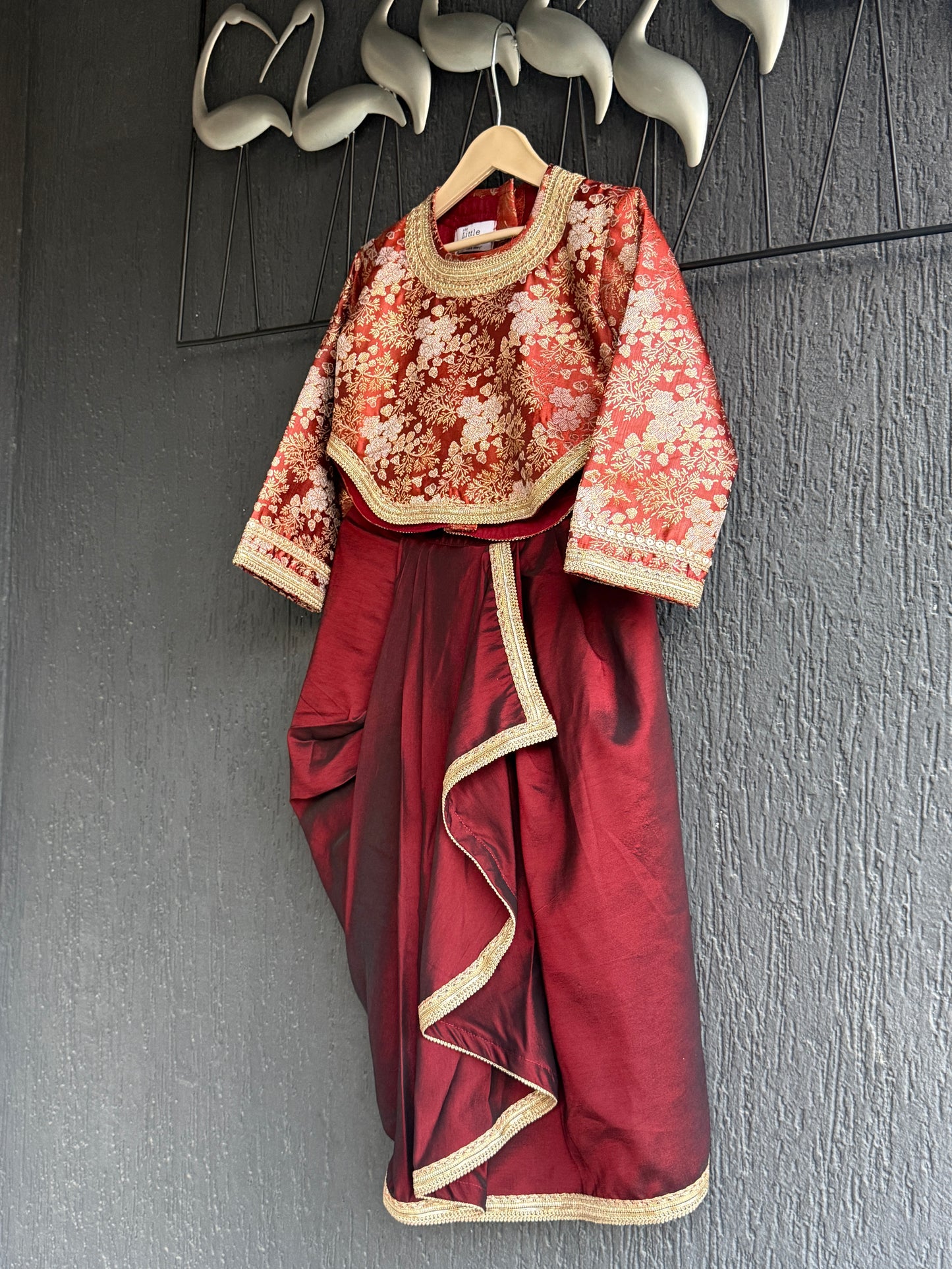 Deep red brocade blouse with Drape skirt