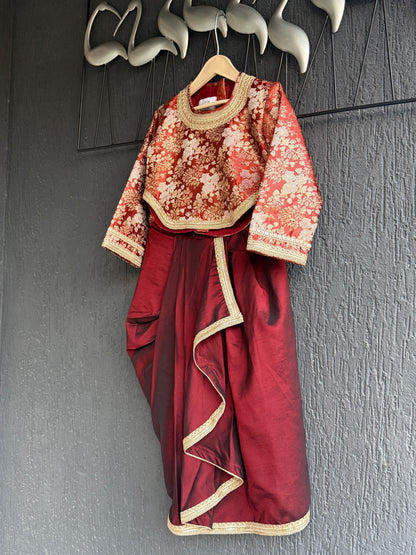 Deep red brocade blouse with Drape skirt