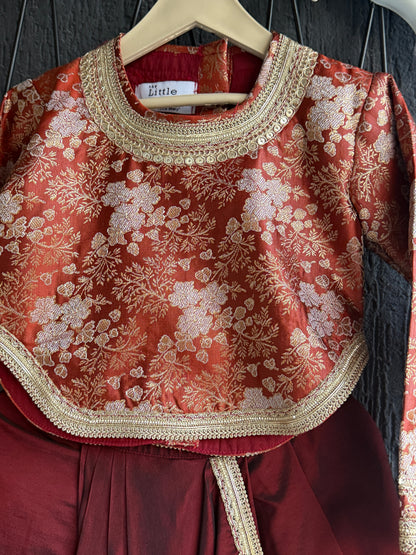 Deep red brocade blouse with Drape skirt