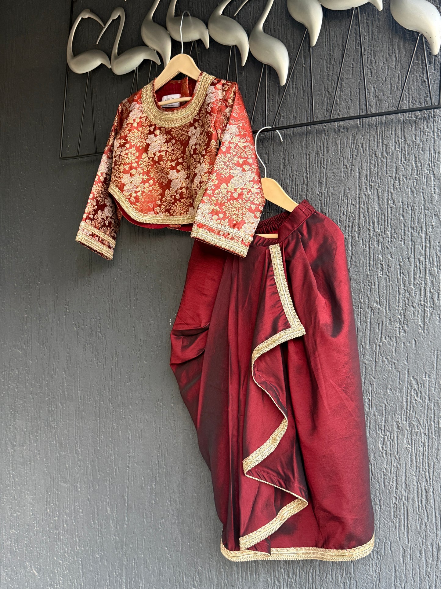 Deep red brocade blouse with Drape skirt