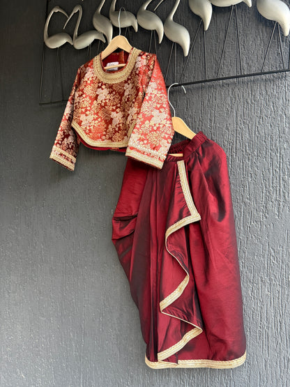 Deep red brocade blouse with Drape skirt