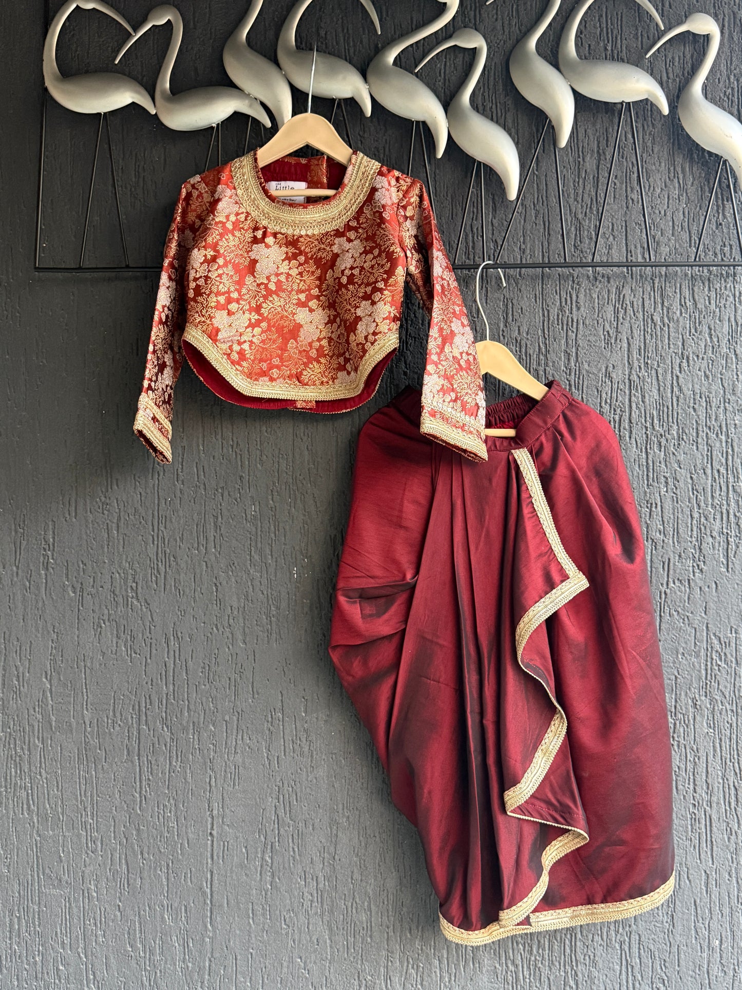 Deep red brocade blouse with Drape skirt