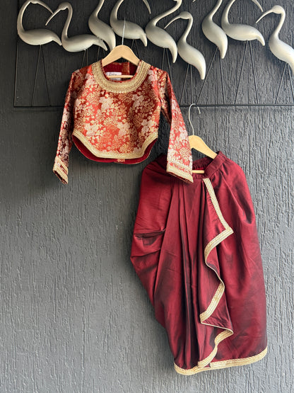 Deep red brocade blouse with Drape skirt
