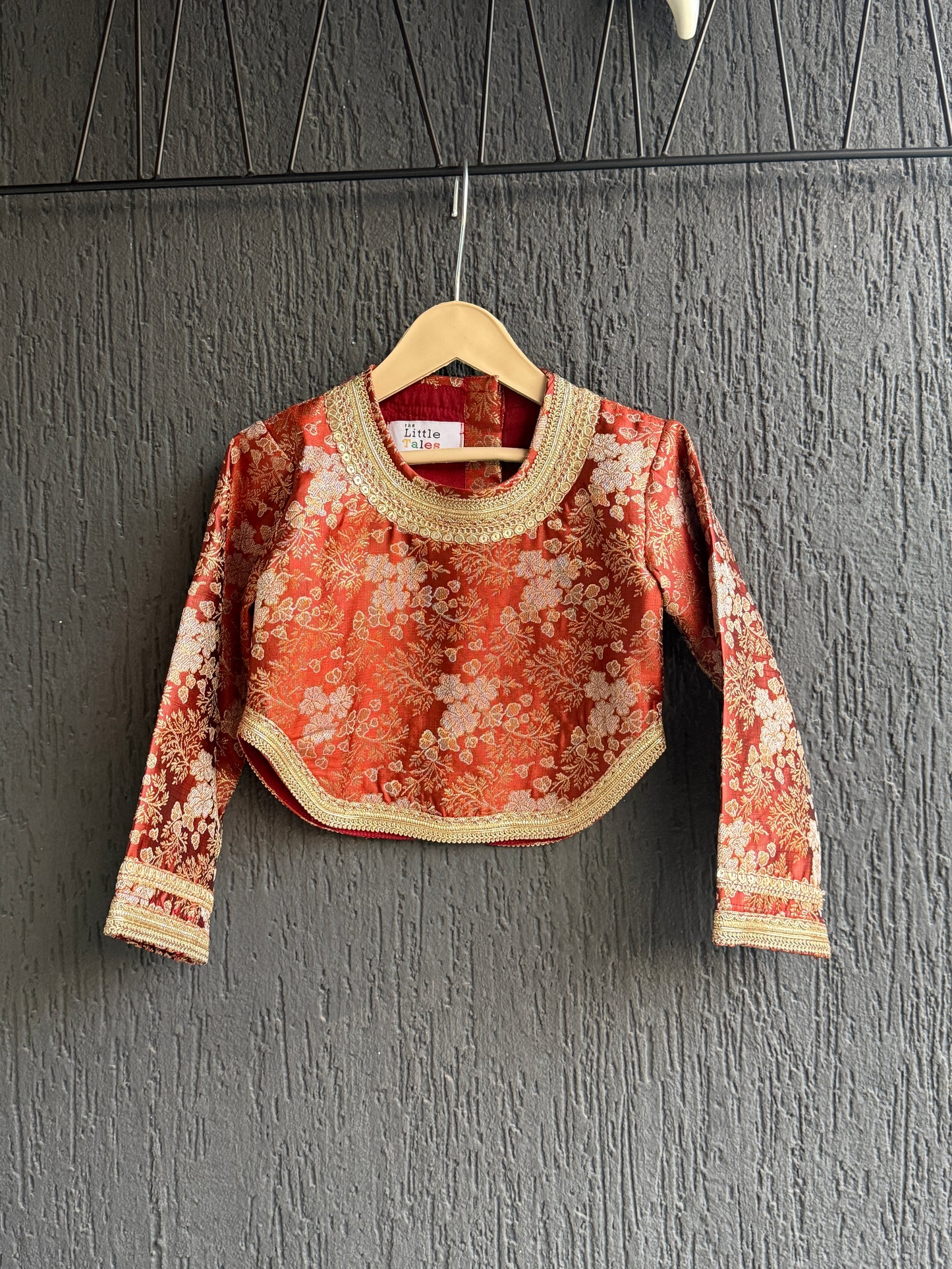 Deep red brocade blouse with Drape skirt
