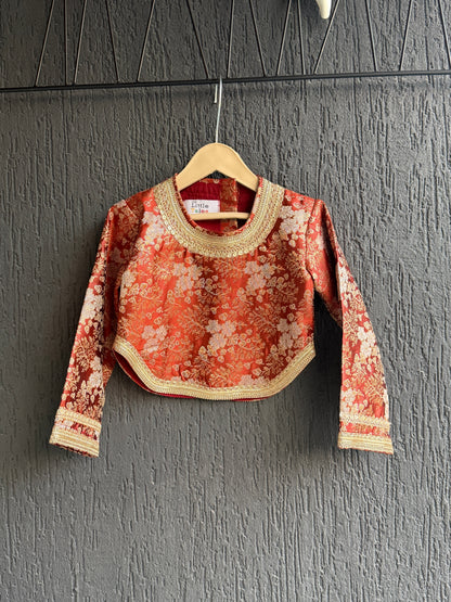 Deep red brocade blouse with Drape skirt