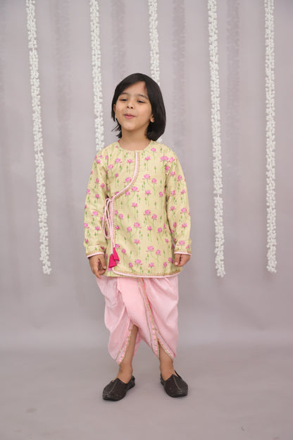 yellow lotus Print Kurta dhoti set