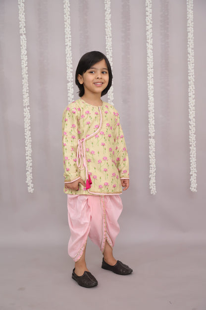 yellow lotus Print Kurta dhoti set