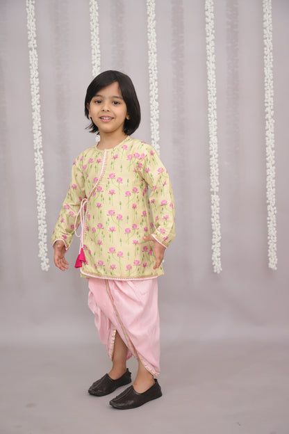 yellow lotus Print Kurta dhoti set