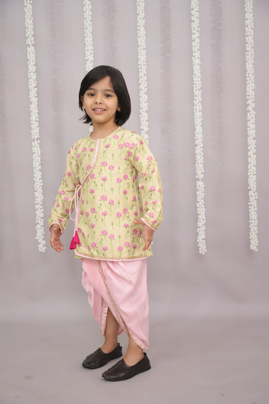 yellow lotus Print Kurta dhoti set