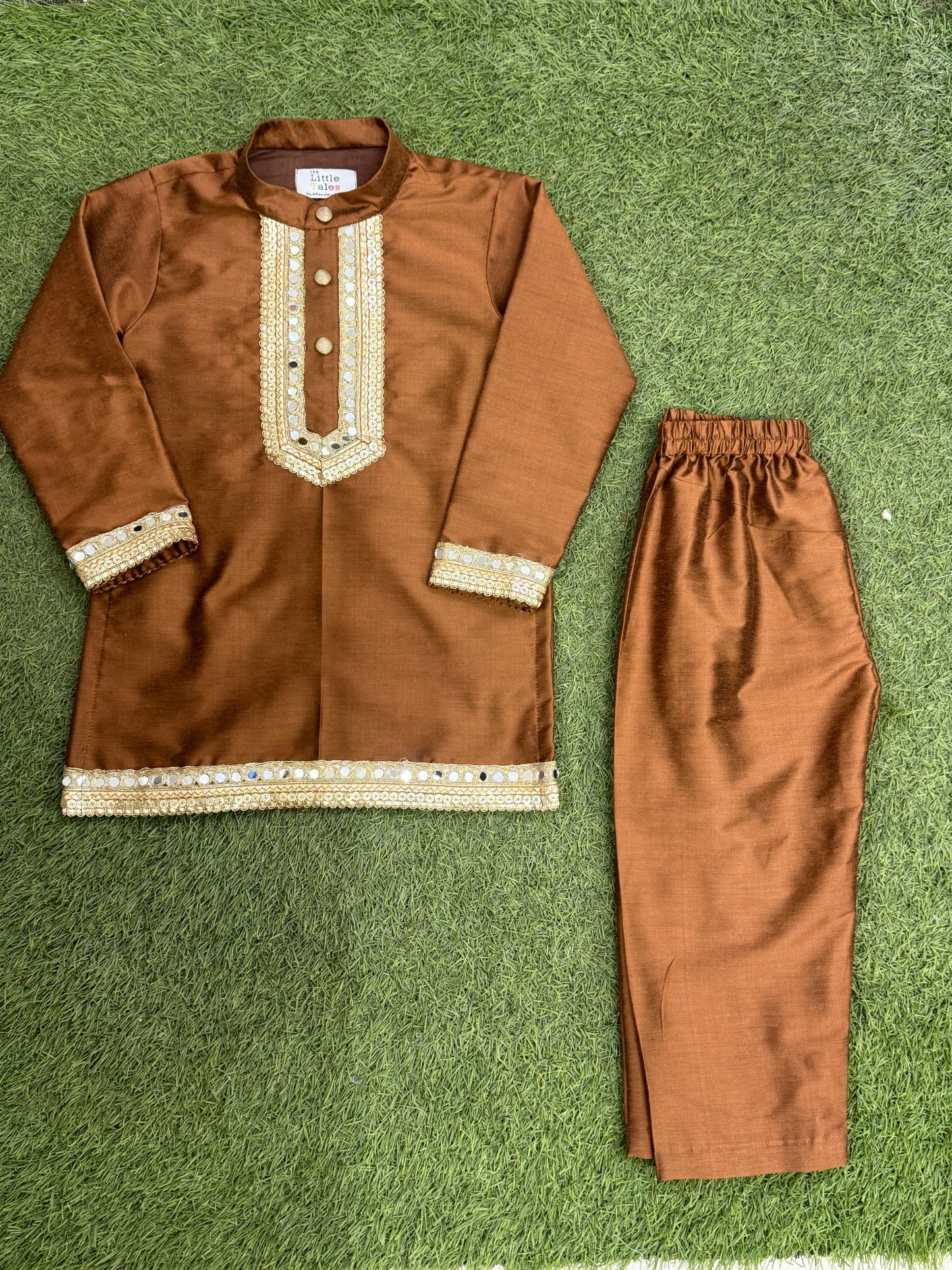 Brown  Embroidered Yolk Kurta And Brown Pyjama