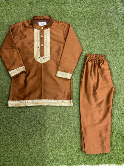 Brown  Embroidered Yolk Kurta And Brown Pyjama
