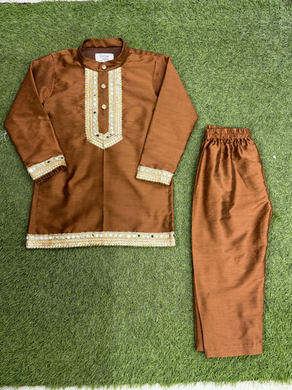 Brown  Embroidered Yolk Kurta And Brown Pyjama
