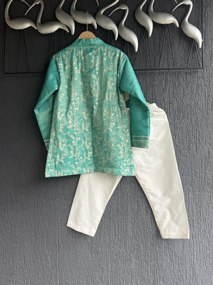 Pastel Green Chanderi Embrodriery Kurta and Off White White Pyjama